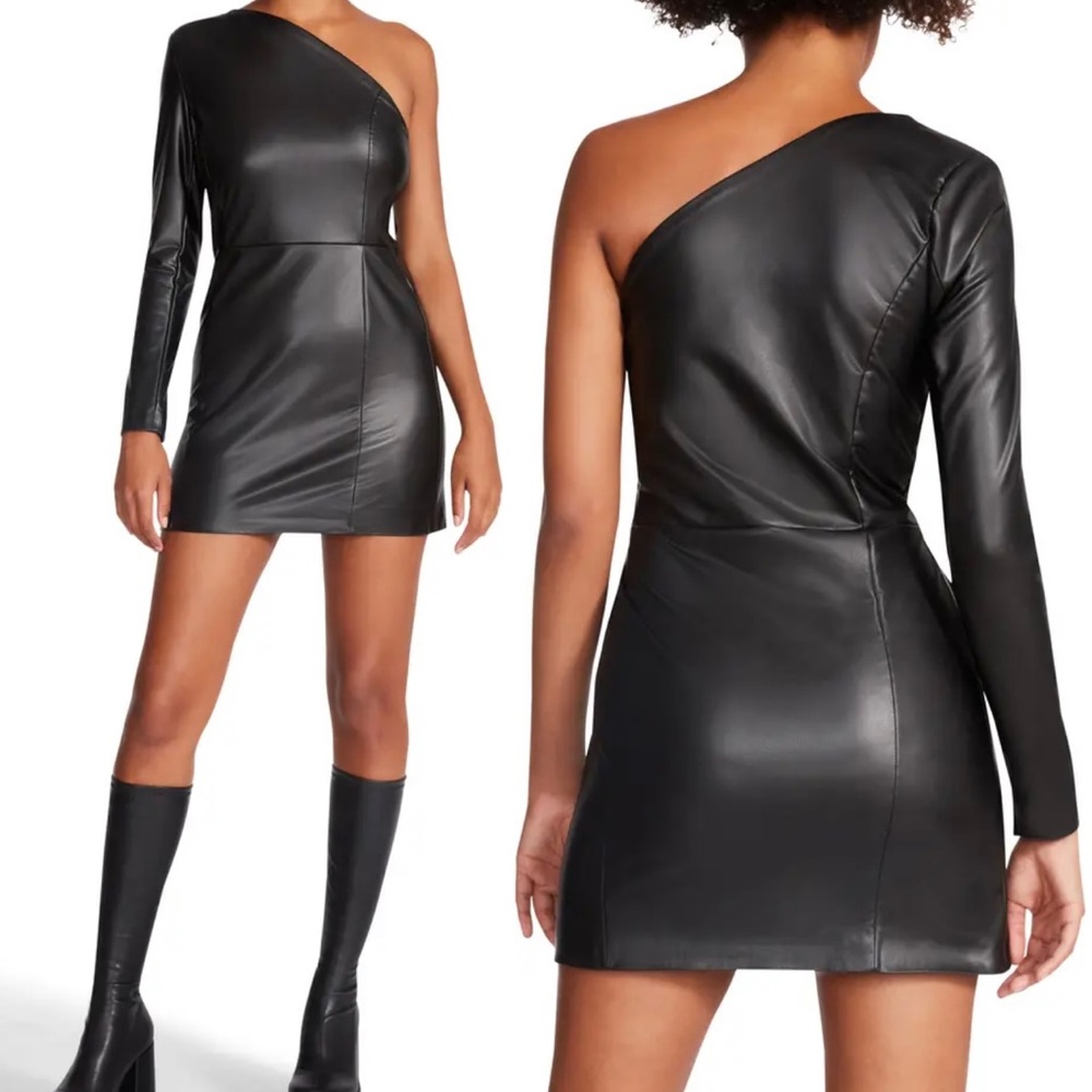 Steve Madden Faux Leather Faye Mini One Shoulder Dress